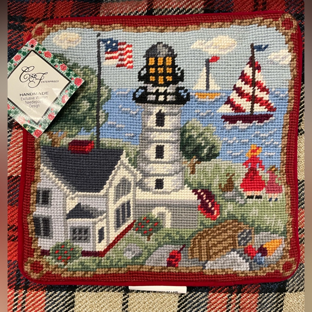 Lighthouse Nautical Sailboat Wool Needlepoint Pillow Cover NEW